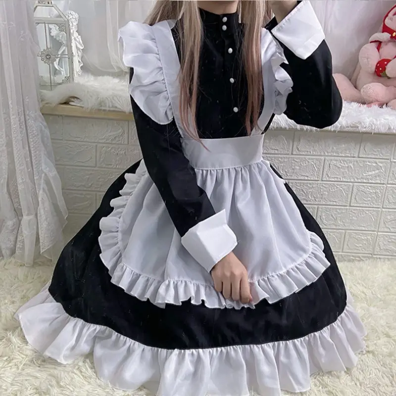 Robe Lolita gothique japonaise noir et blanc, costume de femme de ménage, <span class=keywords><strong>anime</strong></span> <span class=keywords><strong>cosplay</strong></span>, tendance