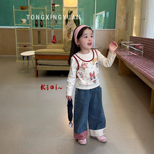 Girls Autumn Cartoon T-Shirt Plaid Jeans Set Cotton Two-Piece Outfit Kids Clothing - Product Image 3