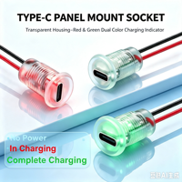 Conector Hembra de Carga con Indicador LED de Doble Color Rojo y Verde LN-006, Tipo-C Transparente para Montaje en Panel, con Cable