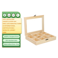 Boîte en bois avec couvercle en verre, 9 compartiments, coffre à thé en pin brut, organisateur de bijoux en bois non fini, vitrine décorative à couvercle articulé