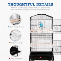 Volière moderne multi-niveaux pour oiseaux de compagnie avec toit incurvé, support métallique sur roulettes, étagère de rangement, plateau en plastique amovible et cage verrouillable pour