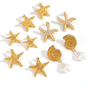 ต่างหูปลาดาวหอยสังข์สตั๊ดโทนสีทองไข่มุกเครื่องประดับแฟชั่นลำลองสำหรับผู้หญิง - Product Image 4