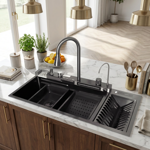 Évier de cuisine simple en acier inoxydable 304 avec robinet cascade, évier de travail à une seule cuve avec égouttoir intégré - Product Image 3