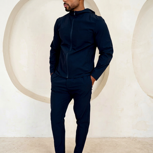 Chándal Deportivo con Capucha para Hombre, Cortavientos, Corte Regular, Color Azul Marino Sólido, Ligero, Spandex/Poliéster, para Otoño, Manga Larga con Cremallera - Product Image 1