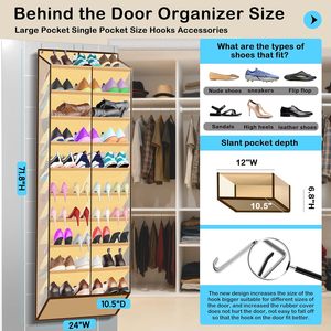 Over The Door <b>Shoe</b> Organizer 20 Pockets Holds 30 Pairs Beige Fabric With Mesh For Boots Sneakers Heels - Product Image 2