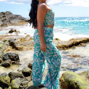 Ensemble deux pièces de haute qualité, style bohème, imprimé, haut tube à boutons latéraux, pantalon, ensemble personnalisé en rayonne plissé, haut court et pantalon - Product Image 3