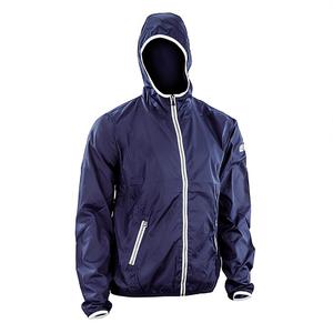 Chaqueta cortavientos con capucha azul marino con cremallera frontal y bolsillos laterales para uso en exteriores - Product Image 2