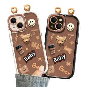 3D Cartoon Coffee Bear Ear Doll Design Printing Silicone Mobile Phone Cover Case For Iphone 7 8 X Xr Xs 11 12 13 14 15 Pro Max