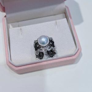 Design 10-11mm Round Natural <b>Pearl</b> <b>Ring</b> S925 Silver with Lace Hollow Handcrafted Strong Light Fine Flaws <b>Ring</b> - Product Image 1