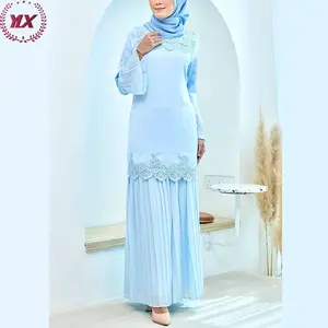 2023 Fashion Islamic Clothing Fresh Blue Floral Hollow Out Design Pleated Skirt Baju Kemeja Pria Casual