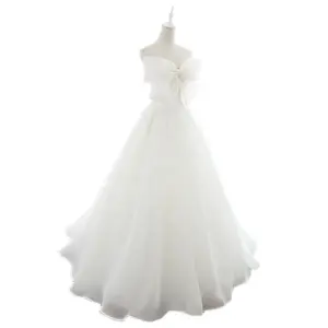 7721# A-Line Custom Organza White Wedding Dress Simple Floor Length Sexy Strapless Short Sleeve Bridal Gown With Bow 2022