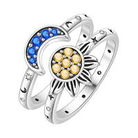 Bague unisexe tendance en alliage plaqué argent double couche avec design vintage Soleil, Lune et Tournesol, ornée de zircone cubique, idéale pour un cadeau multi-occasions