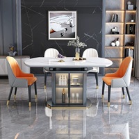 Tables à manger rondes modernes de designer avec plateau en marbre et base de rangement créative en verre pour salle à manger de luxe.