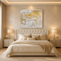 Peinture murale abstraite sur toile, ornementée de feuille d'or et de traçages horizontaux en or blanc raffiné, pour la décoration du salon
