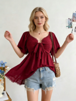 Atasan Berongga Sederhana Kasual Kemeja Lengan Pendek Berlubang Produk Rajutan Kerah V Atasan untuk Wanita Kaus Wanita Ootd