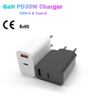 Cargador Rápido GaN de 35W con Enchufe Europeo, PD 3.0, Puertos USB-A + USB-C Duales, Certificado CE, Resistente al Fuego, OTP, Ecológico, para Relojes Inteligentes y Móviles