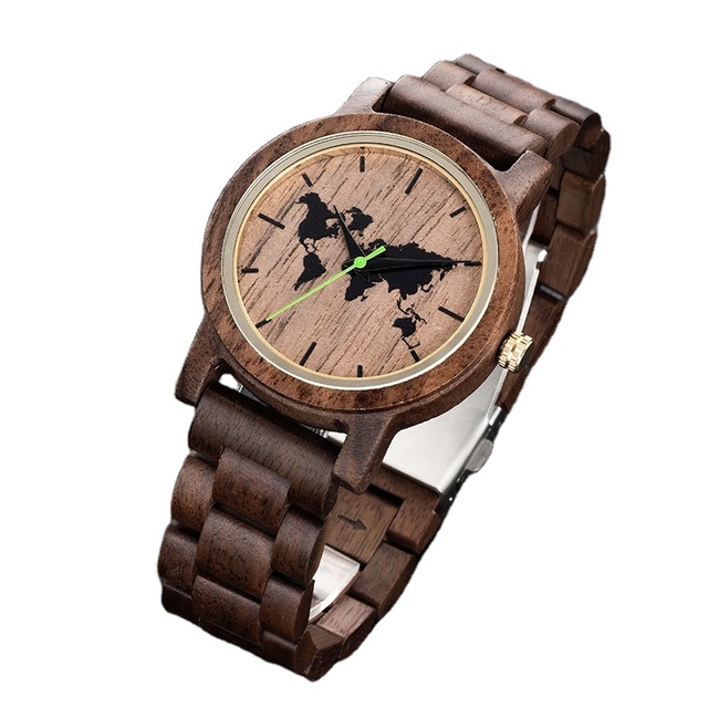 TJW High-End Fashion Wood Quartz Watch with Walnut Wood Band 20mm Width Elegant Map Design