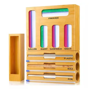 New product Idea 2023 Bamboo Ziplock Bag Storage Organizer Foil Wrap Dispenser Small Large 9 in 1 With Cutter