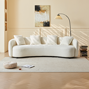 Modern Curved Wooden Frame Modular Sectional Cushion Back Teddy Fabric White <b>Sofa</b> Set Oval Upholstered 4 <b>Pillows</b> Living Room - Product Image 3