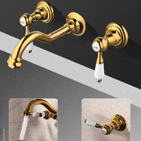 Vintage Antique Golden mural 3 trous double poignée mitigeur chaud et froid dissimulé salle de bain lavabo robinet