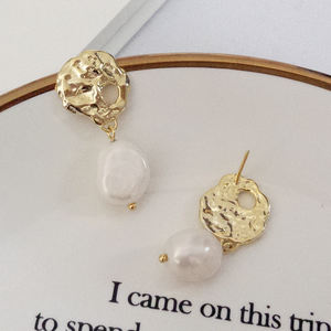 Küpe takı 925 gümüş düzensiz şekil altın kaplama çiviler küpe beyaz barok inciler E282E - Product Image 6