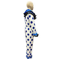 Gruseliges Clown-Kostüm für Herren, blau gepunkteter, gestreifter Overall mit Rüschenkragen, orangefarbene Pompons für Erwachsene, Cosplay-Party