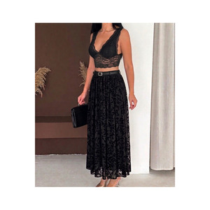 Women's Black Flock Printed Tulle Skirt <b>Elastic</b> Waist With Belt 100 Cm Length - Product Image 2