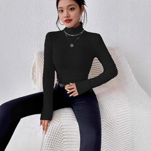 Camiseta de Punto Acanalado de Manga Larga y Cuello Alto para Mujer, Tallas Grandes, Color Sólido, Estilo Casual, Otoño Invierno, Dropshipping Shopify - Product Image 1