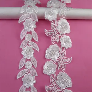 Fashion 3d Flower Trimming Embroidery Gold Lace Sequin Embroidered Lace Appliques White Beaded Rhinestone Trim By The Yard