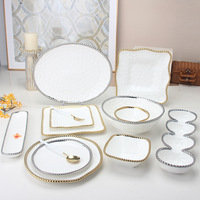 Assiette à salade jetable multifonctionnelle en porcelaine, motif perles et points, incrustation dorée, style minimaliste de luxe léger