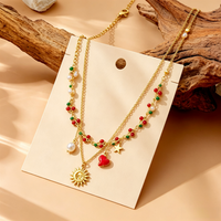 Collier Cœur Cerise Double Chaîne en Acier Inoxydable Plaqué Or 18K de Haute Qualité avec Diamants, Style Européen et Américain, Idéal pour un Cadeau