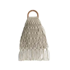 Bolsa de madeira feminina, corda de algodão para mulheres, crochê, macrame, bolsa interna