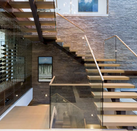 Prima Premium Edelstahl-Holz Gerade Treppe mit Doppelwange und Glasgeländer für Büro, Hotel und Gewerbe