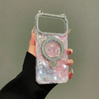 Étui magnétique de luxe avec oreilles de chat et strass pour iPhone 17 16 15 Pro Max, coque antichoc avec béquille, scintillante et mignonne