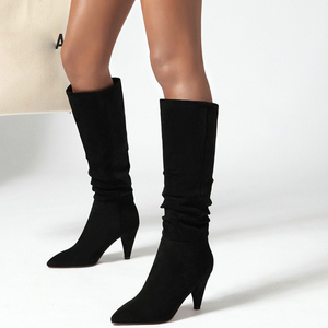 Women Spike Heels Knee High Boots Pointed Toe Solid Plicate Upper Boots Calf High Formal Working <b>Long</b> Boots for Lady - Product Image 2