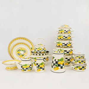 Boyang Custom Lemon Print 3PCS Gift Pot With Two Gold Coating Handle Enamel Soup Cooking Pots