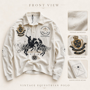 Polo de <span class=keywords><strong>Manga</strong></span> <span class=keywords><strong>Larga</strong></span> para <span class=keywords><strong>Hombre</strong></span>, Algodón Grueso, Estilo Vintage Ecuestre, Bordado, Desgastado, Streetwear, Logotipo Personalizado, Venta al Por Mayor - Product Image 2