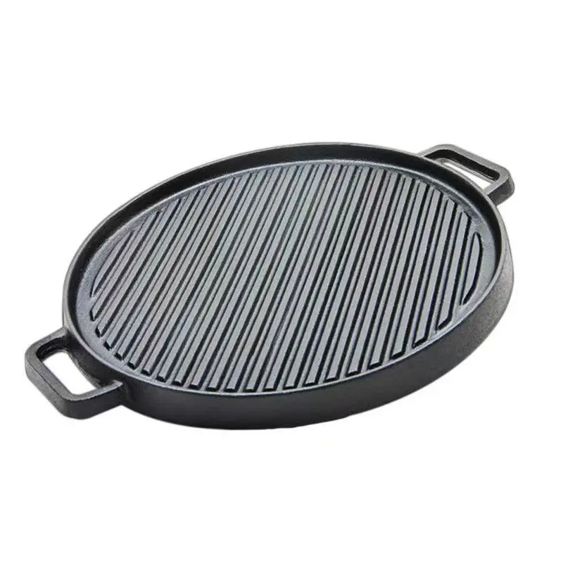 Hot Sale Camping Round black 30cm Cast Iron Griddle Stove top BBQ Plate Reversible Roasting Grill Sizzling Steak Pan
