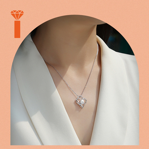Nouveau Design Collier en Argent Luxe Cœur Entrelacé Double, Moissanite Centrale Sertie à Griffes, Cadre Cœur Demi-Pavé, Cadeau Romantique - Product Image 3