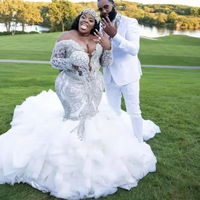 Grande taille sirène Aso Ebi robes de mariée 2025 brillant cristal dentelle perlée Royal Train à manches longues noir fille robe de mariée