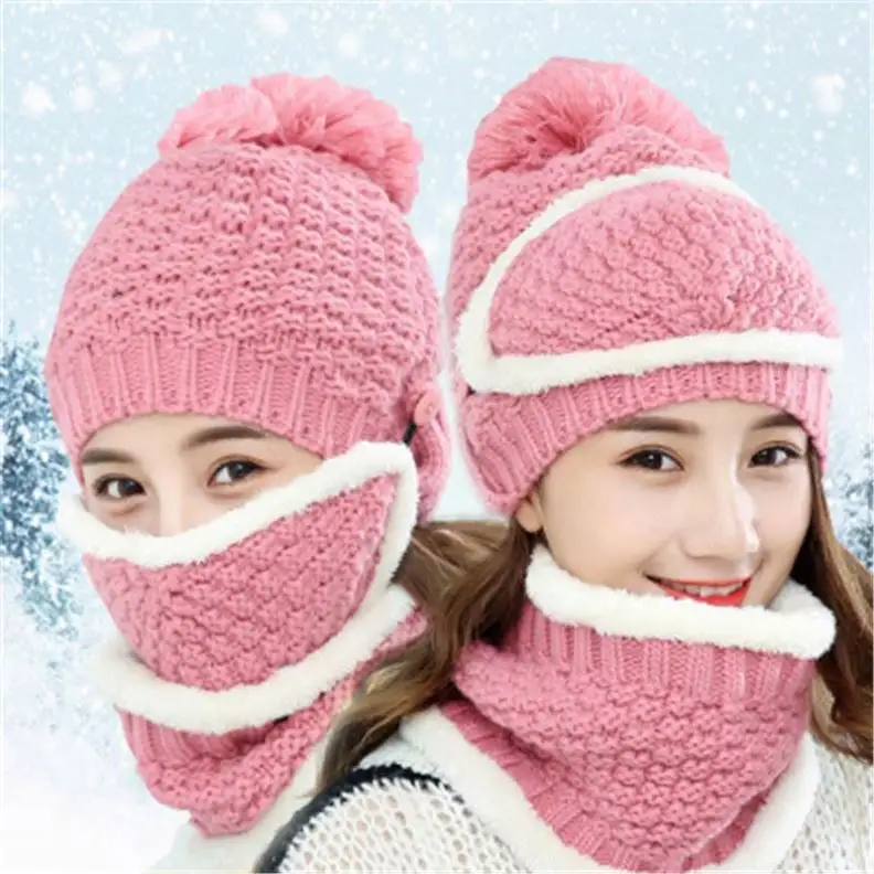 4 cái của bộ mùa đông ấm dệt kim hat khăn mặt nạ cổ áo Bóng hat khăn cô gái thời tiết lạnh phụ kiện r0821