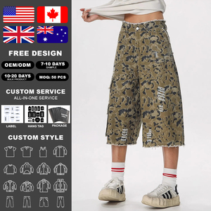 Pantalon court en jean camouflage vintage déchiré pour homme KingSen, short cargo à bords effilochés, coupe ample, style streetwear Y2K, jean délavé - Product Image 2