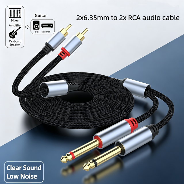 2x 6.35mm to 2x RCA Audio Cable with Nylon Braid Shielded for Microphone Mixer Amplifier Electric Guitar & Speaker