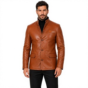 Blazer homme en cuir véritable, col mandarin, coupe ajustée, marron, simple boutonnage, logo sur le devant - Product Image 1