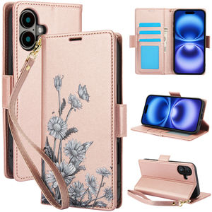 Funda de teléfono de cuero PU con tapa de flores a la moda para <span class=keywords><strong>iPhone</strong></span> 16 15 14 13 <span class=keywords><strong>12</strong></span> 11 Pro Max funda de teléfono con ranura para tarjeta con correa - Product Image 2