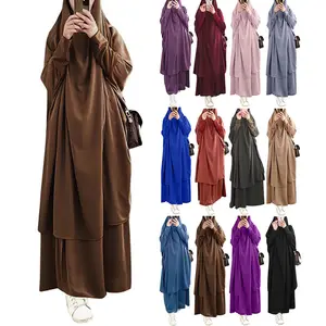 2024新しい女性イスラム教徒の売れ筋無地ニーダ祈りの服フレンチ2ピースバットウィングスリーブジルバブ女性イスラム服