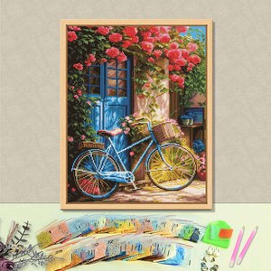 Kit de Peinture Diamant Scène de Jardin à Vélo, Perles Rondes Imprimées, Art DIY avec Cadre, Style Champêtre, Forme Rectangulaire, Thème Floral - Product Image 1