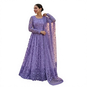 Salwar Kameez pour femmes, violet, brodé, longueur au sol, coupe ample traditionnelle, polyester, tenue de mariage, Inde, Pakistan - Product Image 1