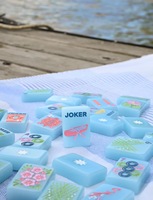 Tuiles de Mahjong de Luxe Bleu Clair Motif Lacustre Acrylique Mono-couche 160 Pièces Jeu Social Ensemble de Mahjong Américain