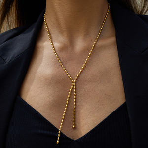 Collier en chaîne en forme de Y avec pampilles en perles de rocaille en acier inoxydable pour femmes, bijoux tendance - Product Image 3
